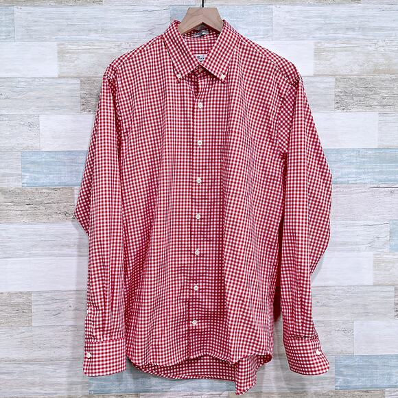 Peter Millar Stretch Twill Sport Shirt Red White Gingham Cotton Mens Large - Picture 1 of 5